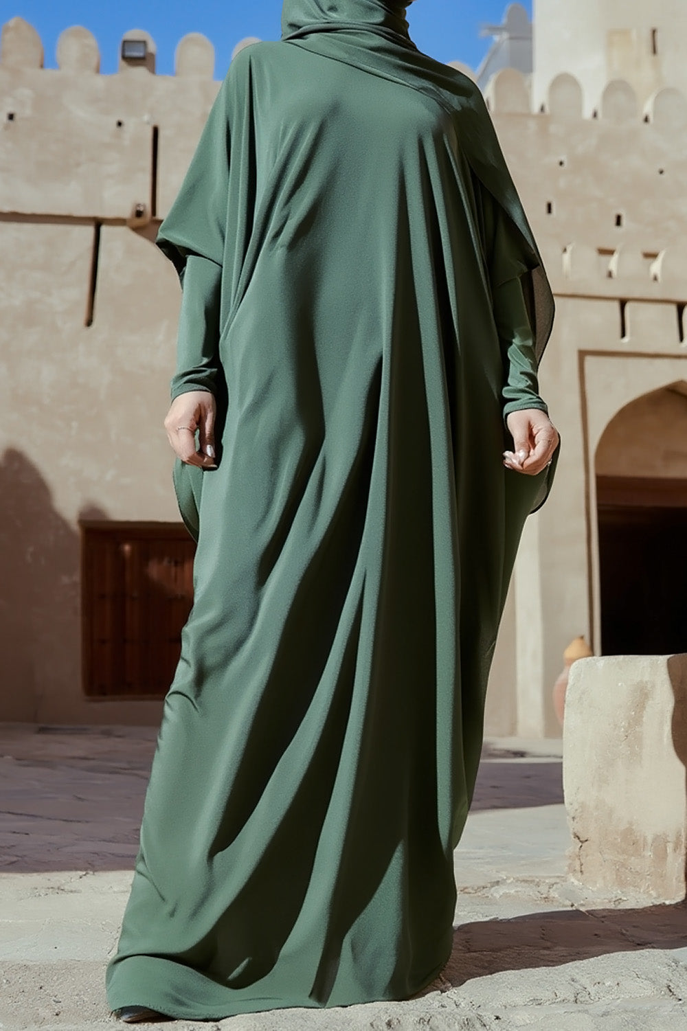 SB Relaxed Batwing Jersey Abaya AS015 in Dark Green