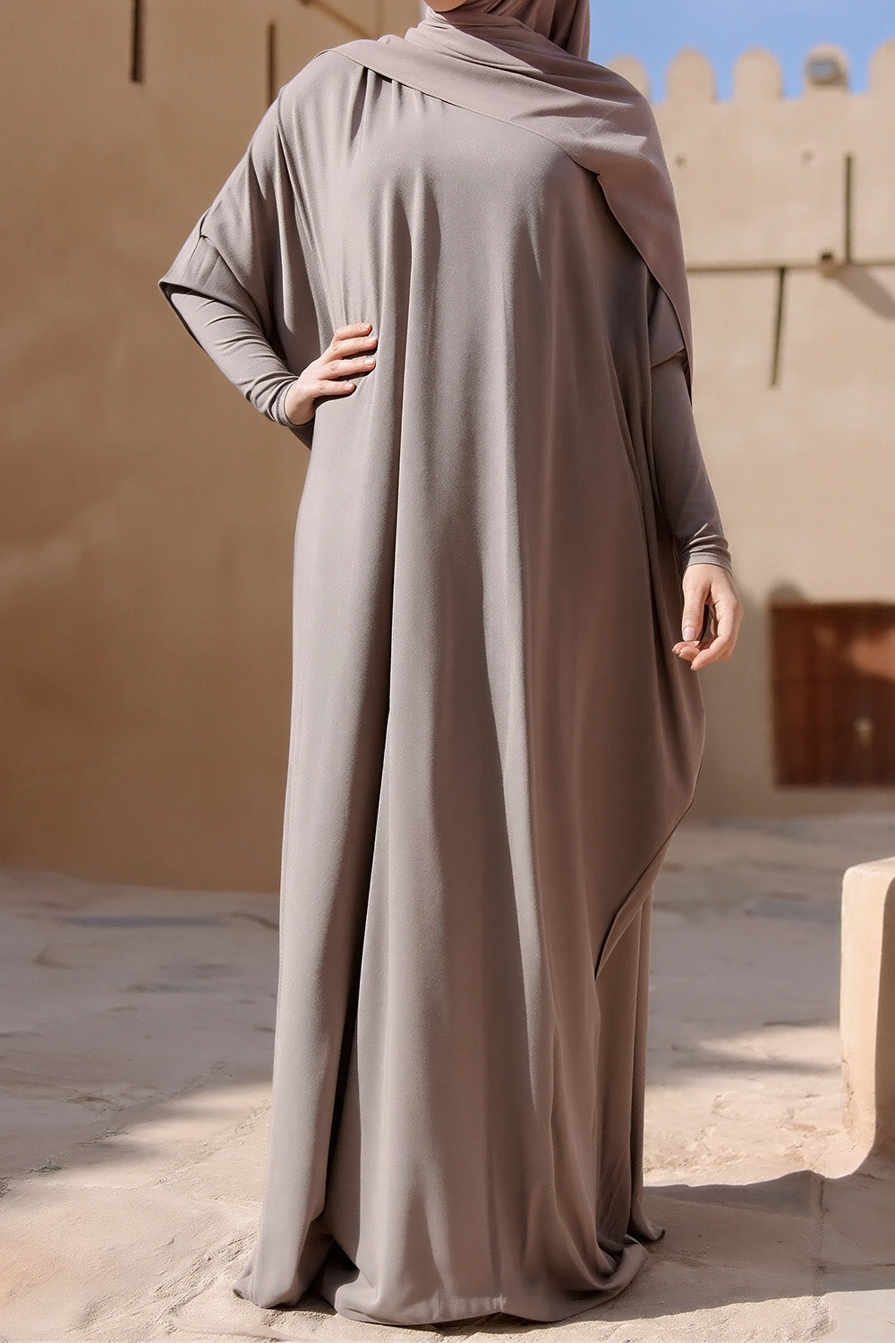 SB Relaxed Batwing Jersey Abaya AS015 in Taupe